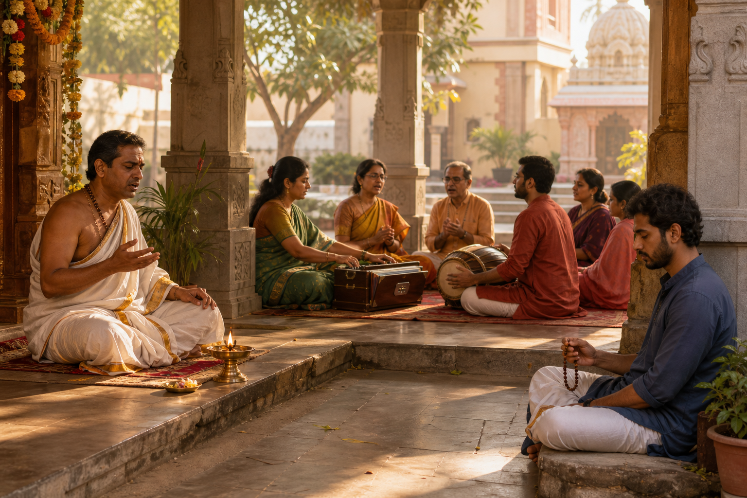 A temple courtyard contains a priest chanting, a seated group singing with instruments, and an individual practicing quietly with prayer beads in separate areas.
