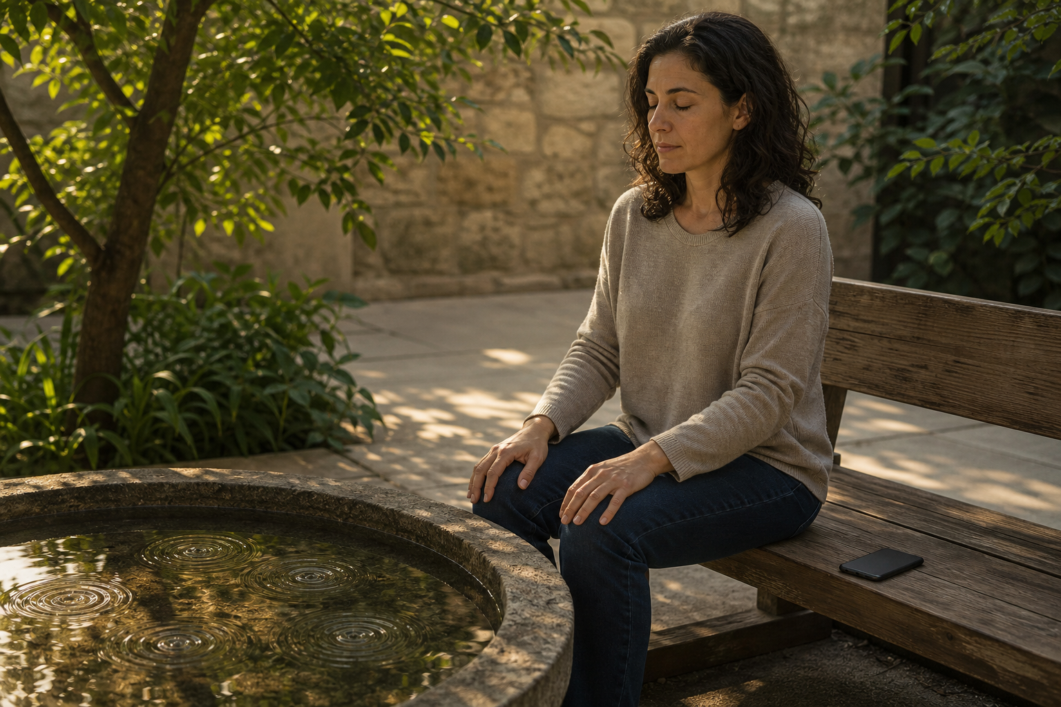 A person pauses beside a courtyard water basin with a phone placed face down and hands resting open on their thighs.