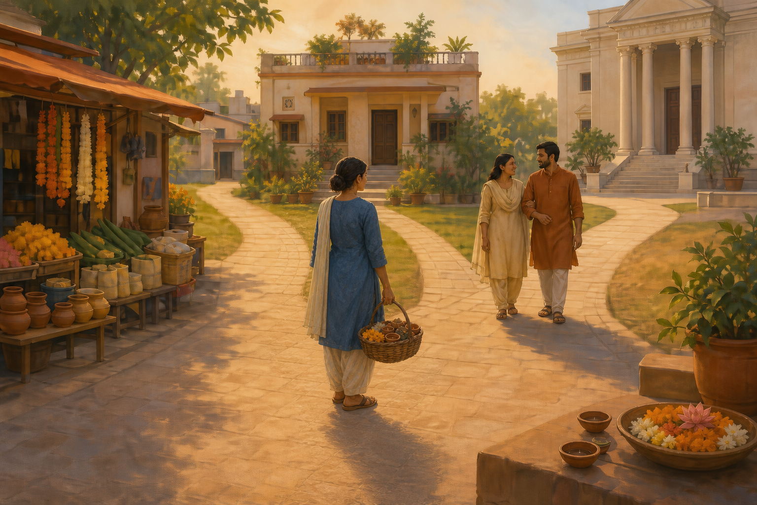 An adult with a festival shopping basket stands where paths lead toward a market, a family home, and a courthouse, while a couple walks together nearby.