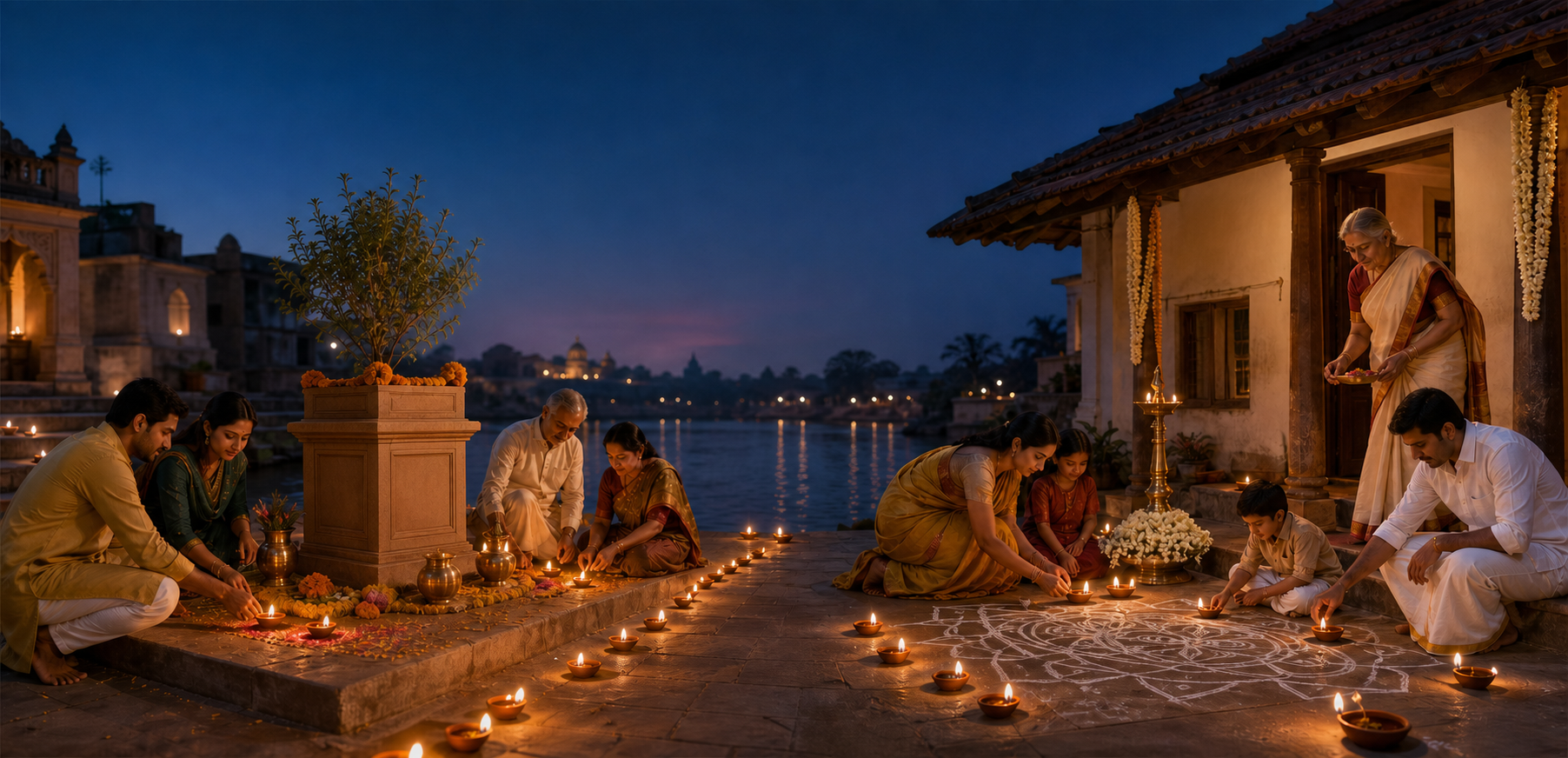 Two families prepare oil lamps at twilight, with a riverside tulsi courtyard on one side and a Tamil home threshold with a kolam on the other.