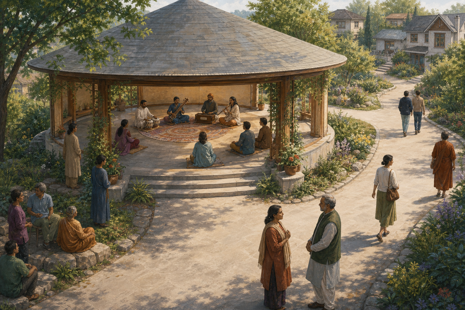 A sacred music gathering takes place in an open civic pavilion as some people join, others observe, and pedestrians use an unobstructed path nearby.