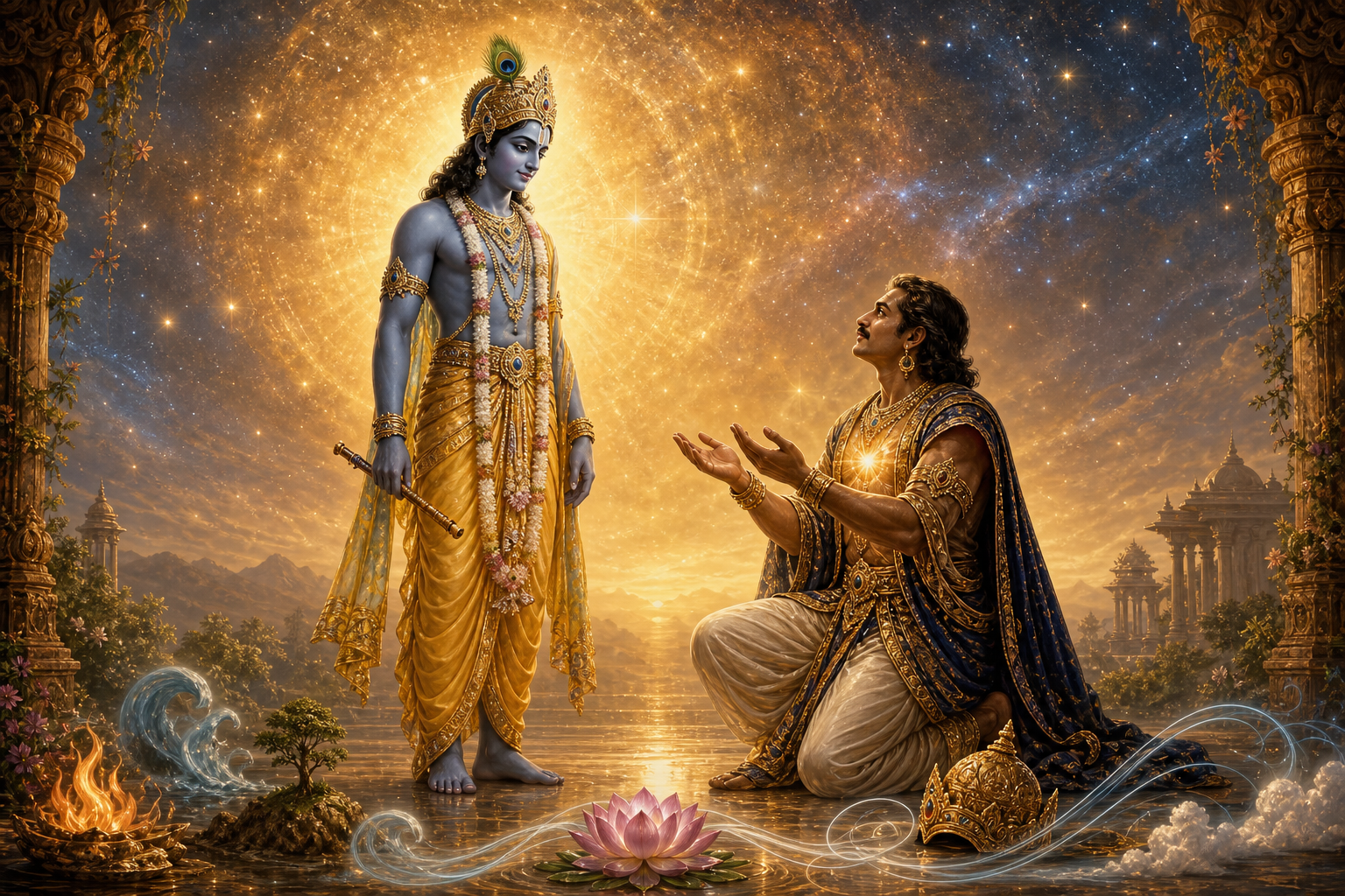 King Bali kneels in surrender before Krishna as cosmic light, natural elements, and a glowing light within Bali symbolize philosophy, yoga, and divine presence.