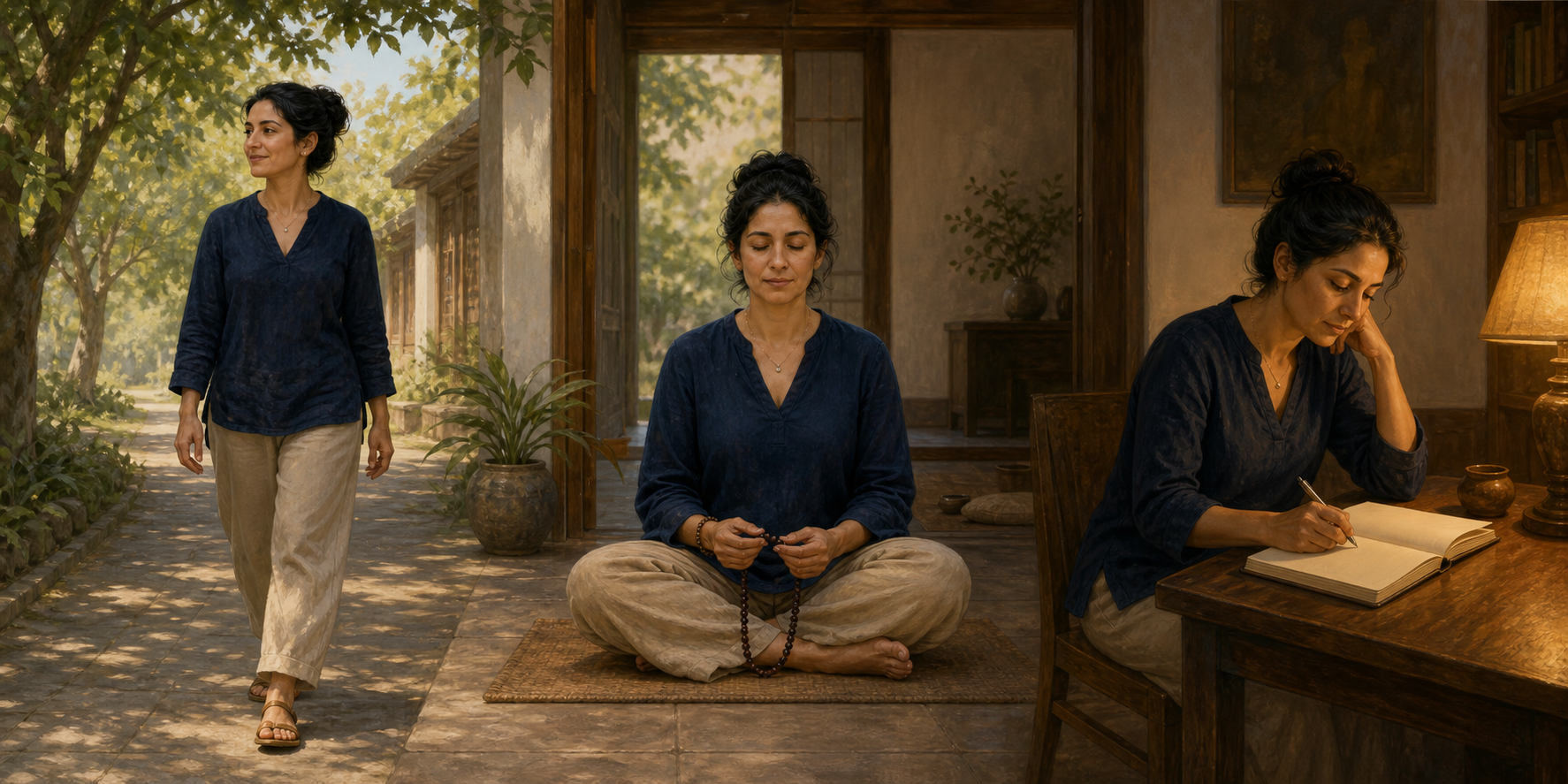 The same person is shown walking under trees, meditating with prayer beads, and reflecting with a blank journal in three connected scenes.