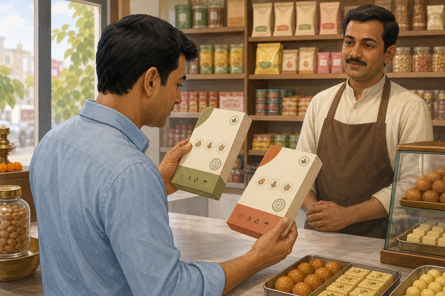 A shopper at a grocery counter turns over a plain package of festival sweets to compare its nonverbal ingredient, safety, and certification symbols.