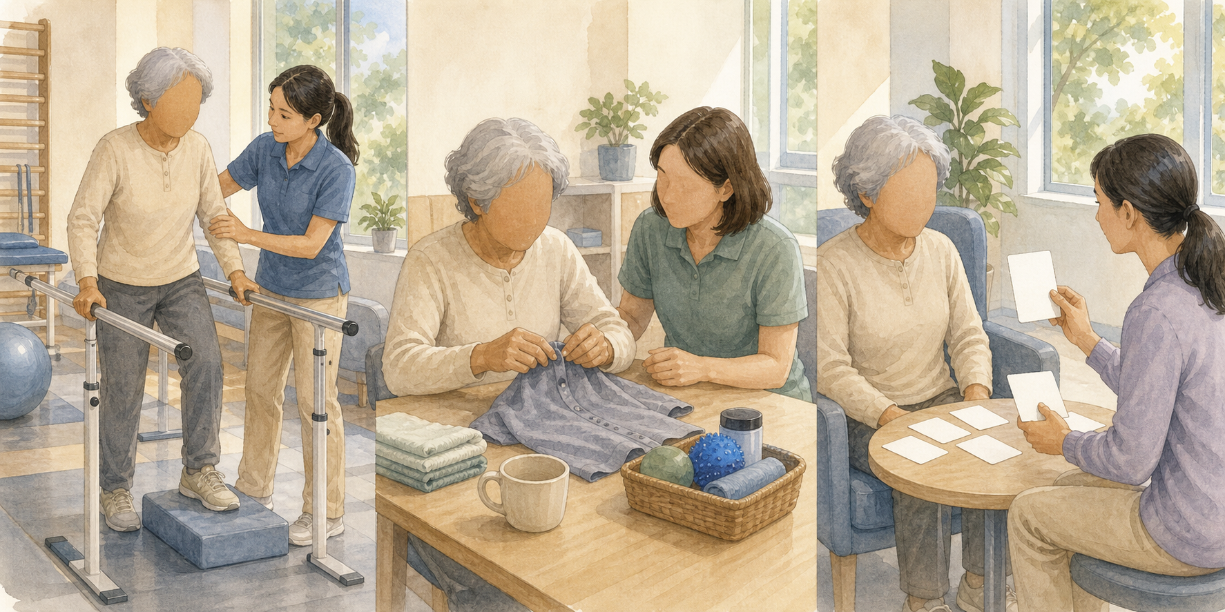 An older adult takes part in movement, daily-task, and communication exercises with rehabilitation professionals.