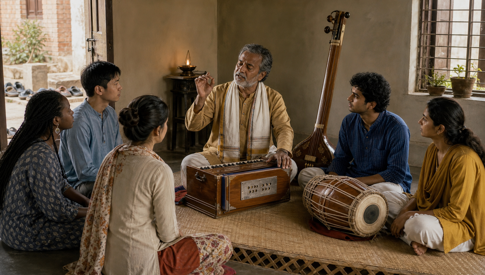 An elder teaches a sacred melody to a culturally diverse group seated with a harmonium, tanpura, and drum in a community hall.