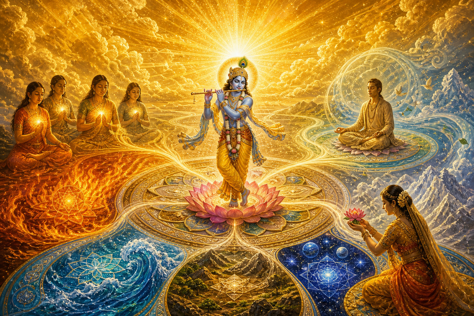 Krishna stands at the center of a lotus sanctuary surrounded by five connected symbols of cosmic reality, inner presence, the elements, meditation, and devotion.