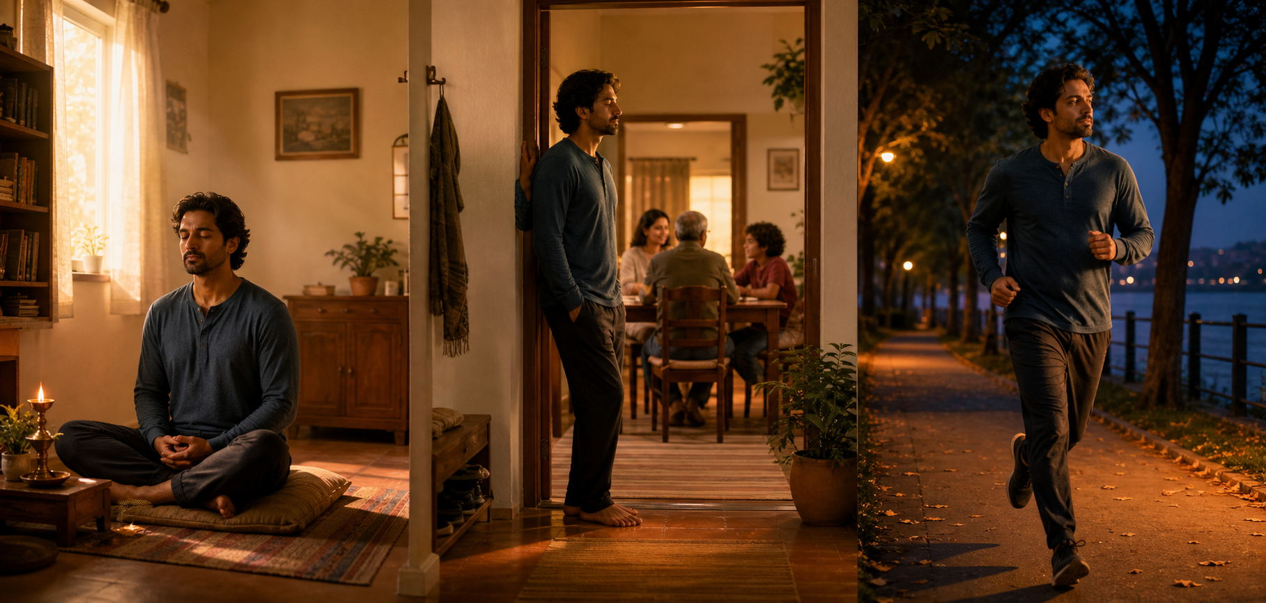 A panoramic scene shows one person meditating in the morning, pausing before a conversation, and taking a brisk walk at twilight.