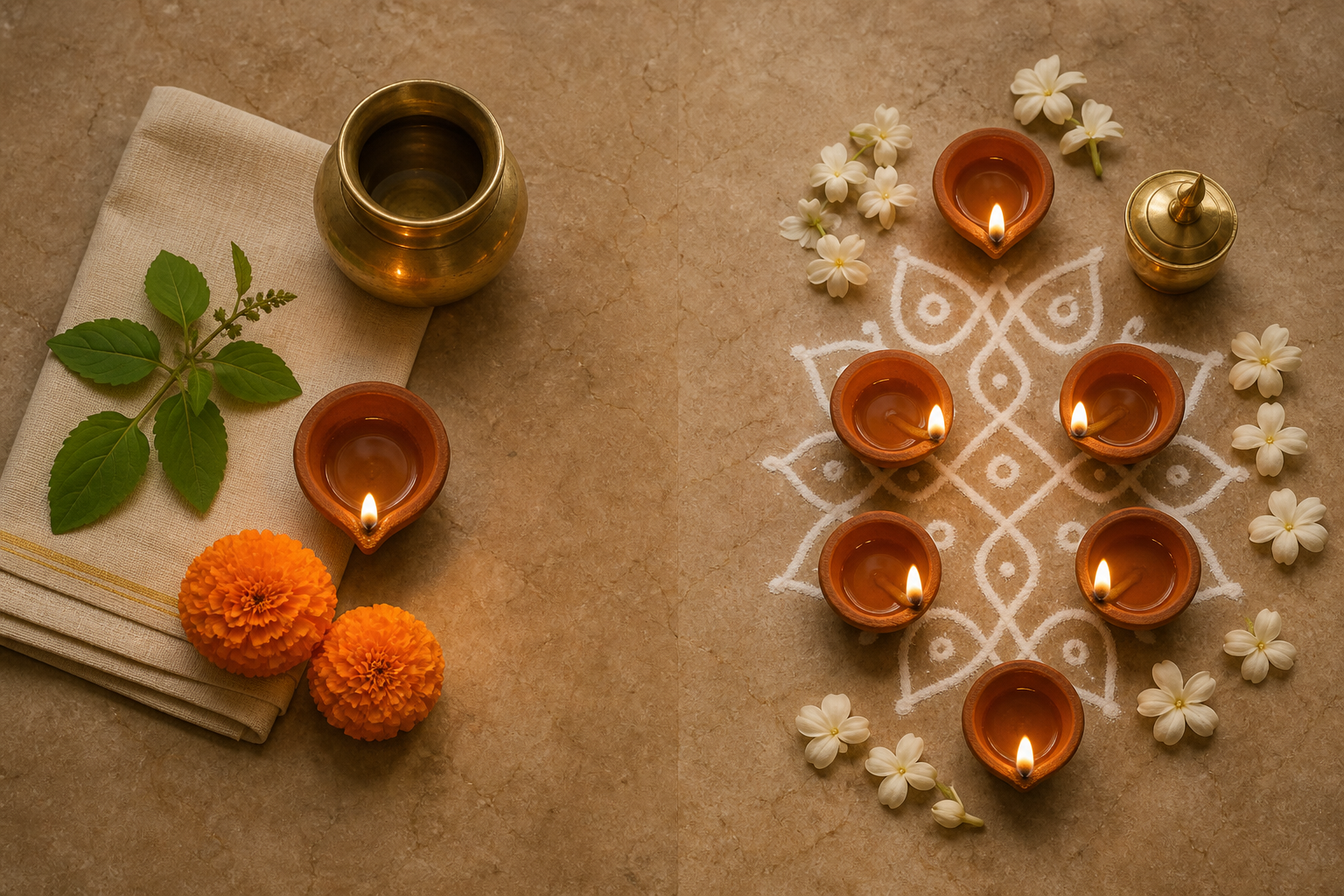 Two separate ritual arrangements display a diya with tulsi and marigolds beside agal lamps, jasmine, and a white kolam.