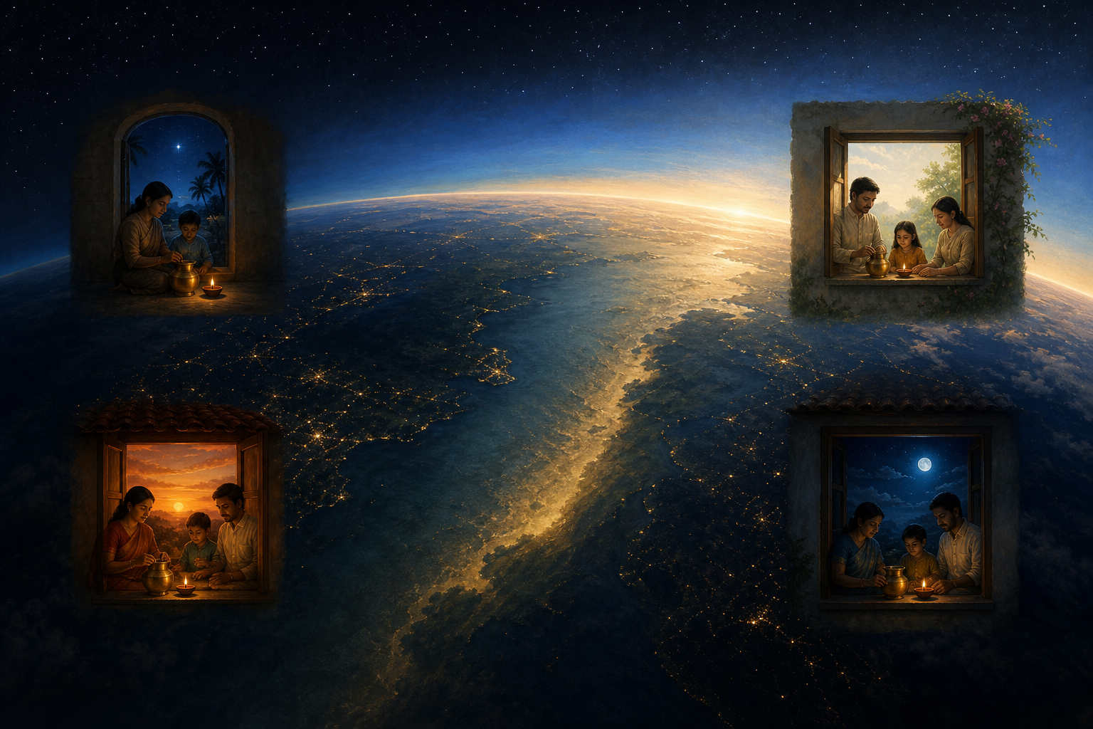 A curved view of Earth and several household windows under predawn, daylight, sunset, and night skies represent observance according to local time.