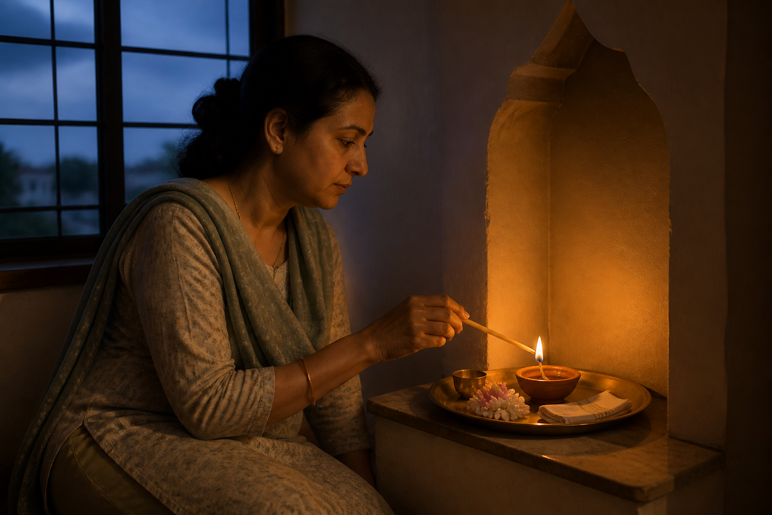 A person lights one clay oil lamp in a simple home prayer alcove at dusk.