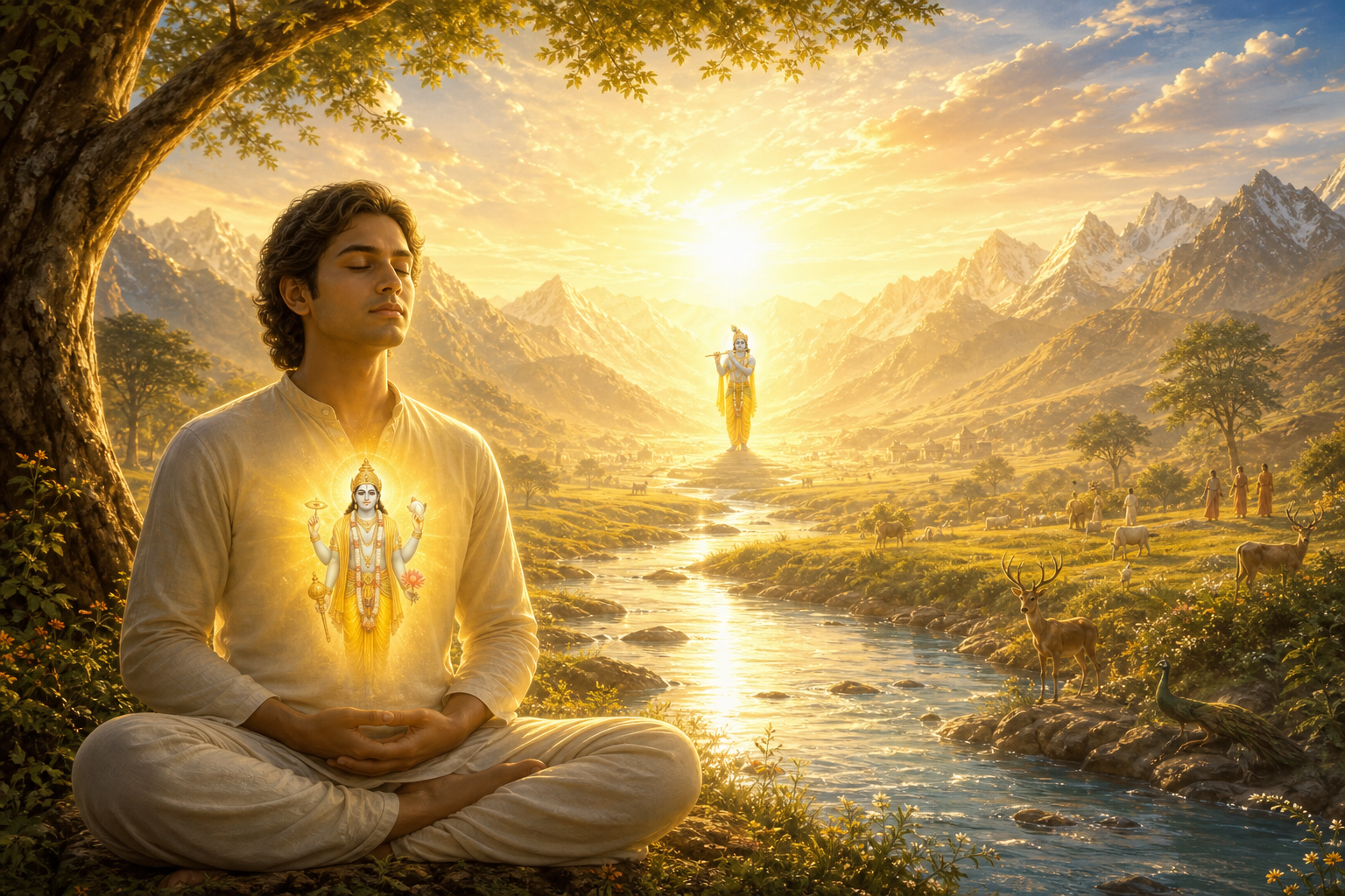A golden radiance fills a natural landscape while a small divine presence glows within a meditator's heart, both connected to Krishna in the distance.