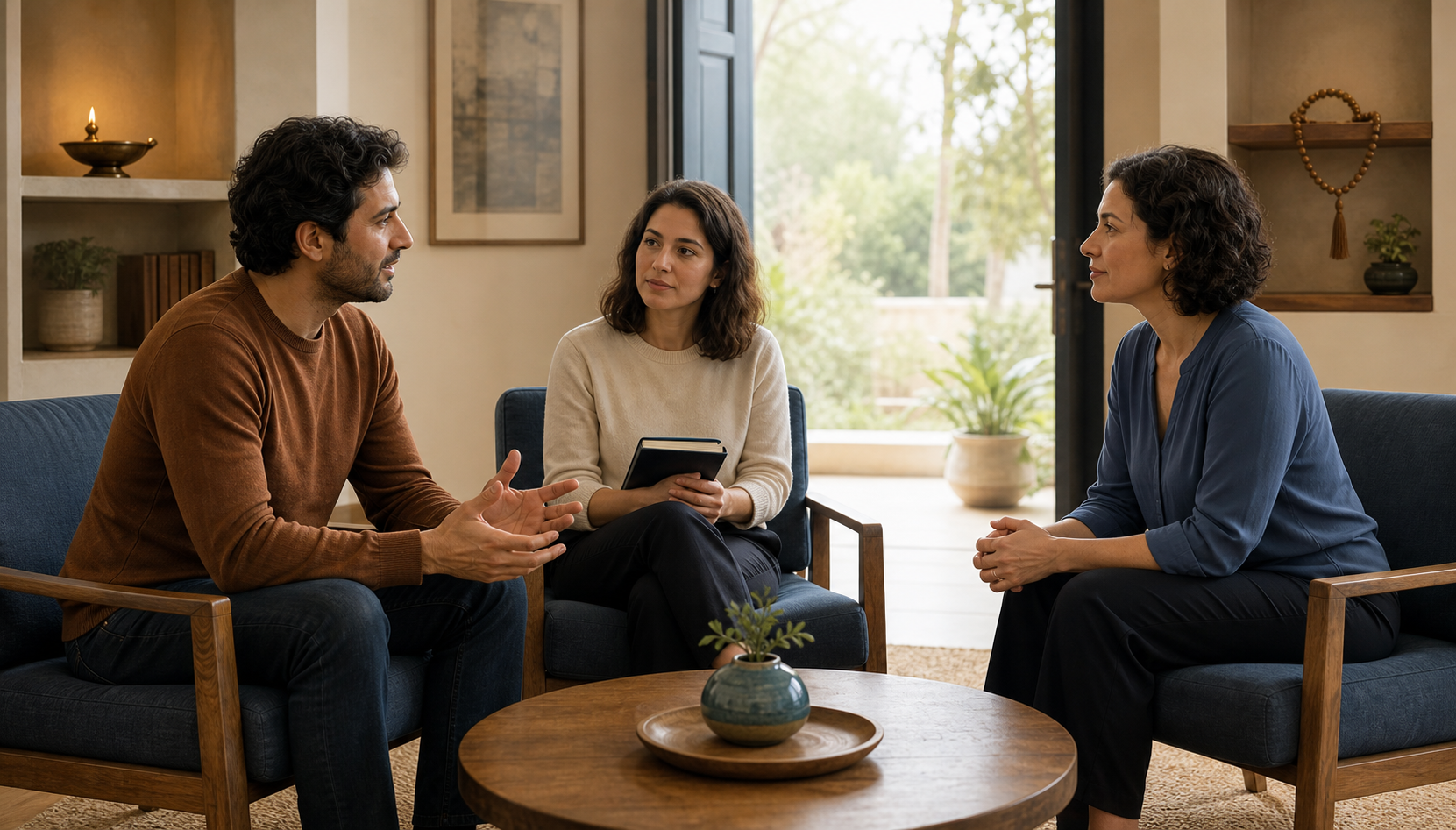 Two adults sit at equal height with a counselor in a sunlit living room, speaking openly while subtle objects from different family traditions rest on separate shelves.