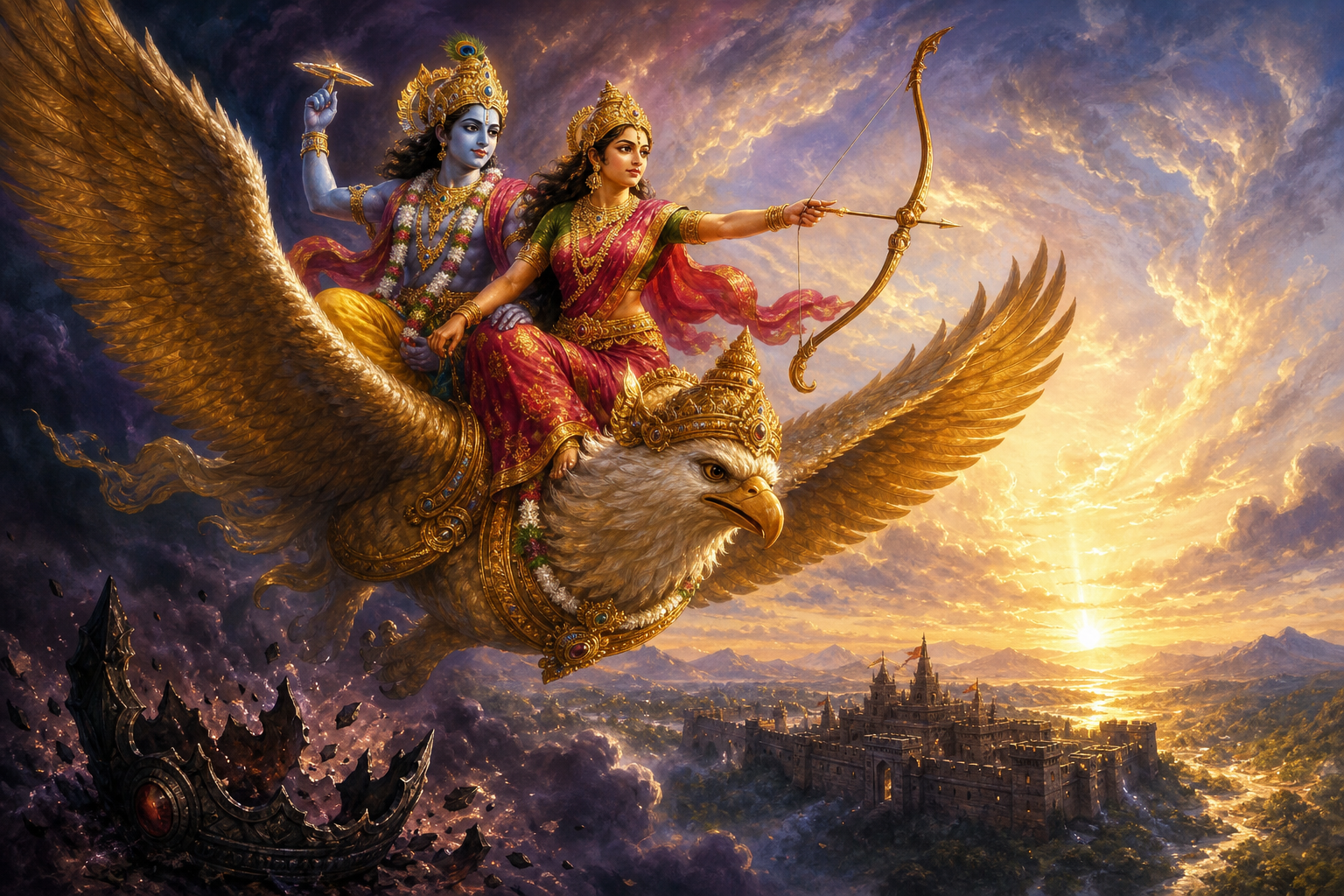 Krishna and Satyabhama ride on Garuda above a dark crown and retreating storm clouds as dawn breaks over a fortress.