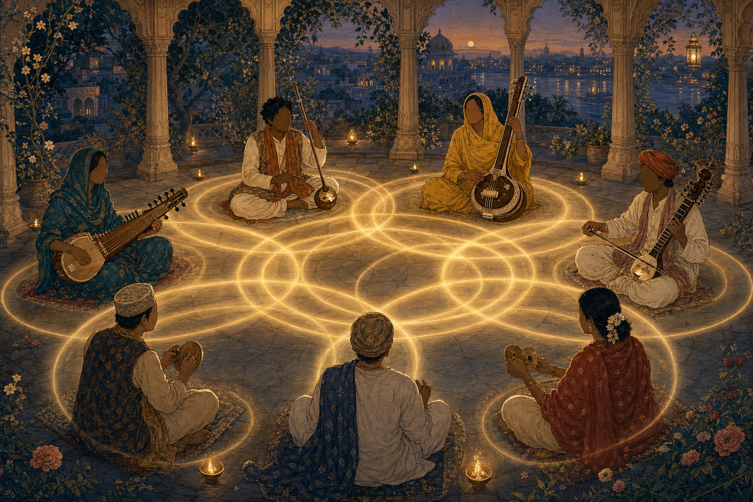 Devotional singers and musicians with different instruments sit in a circle as overlapping rings of light meet at the center.