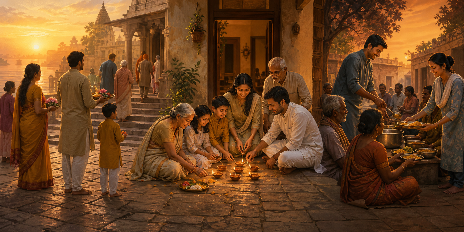 Three connected scenes show temple prayer, a family lighting lamps at home, and volunteers serving a community meal.
