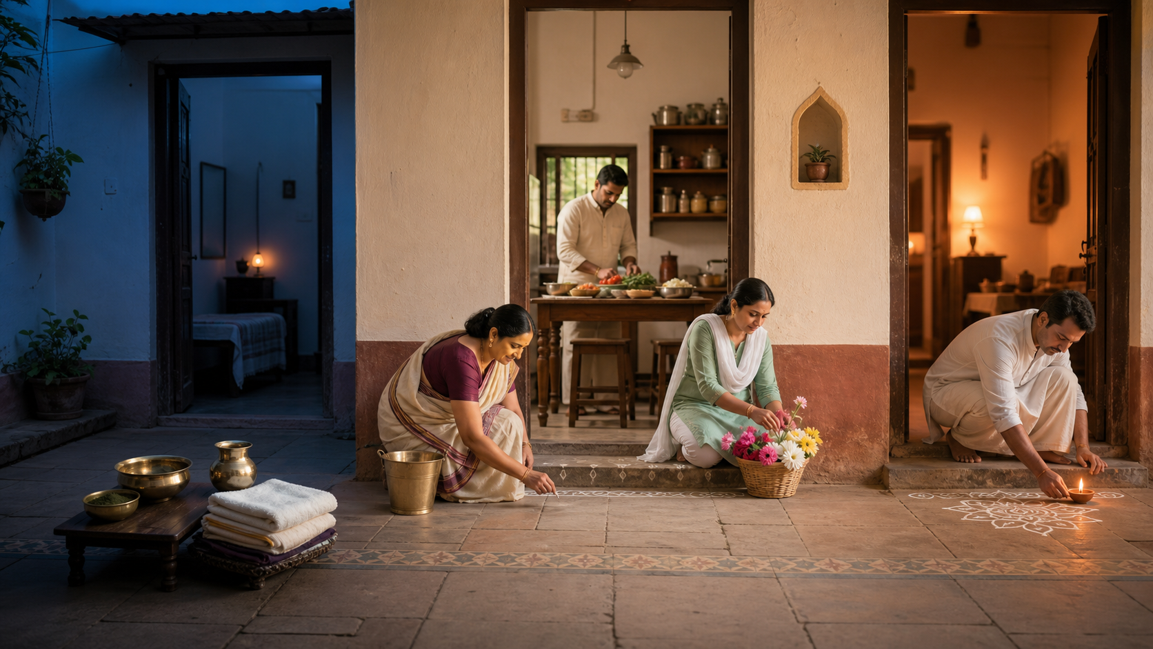 One home is shown from predawn to dusk with oil-bath supplies, daytime household preparation, and an earthen lamp placed at the entrance.