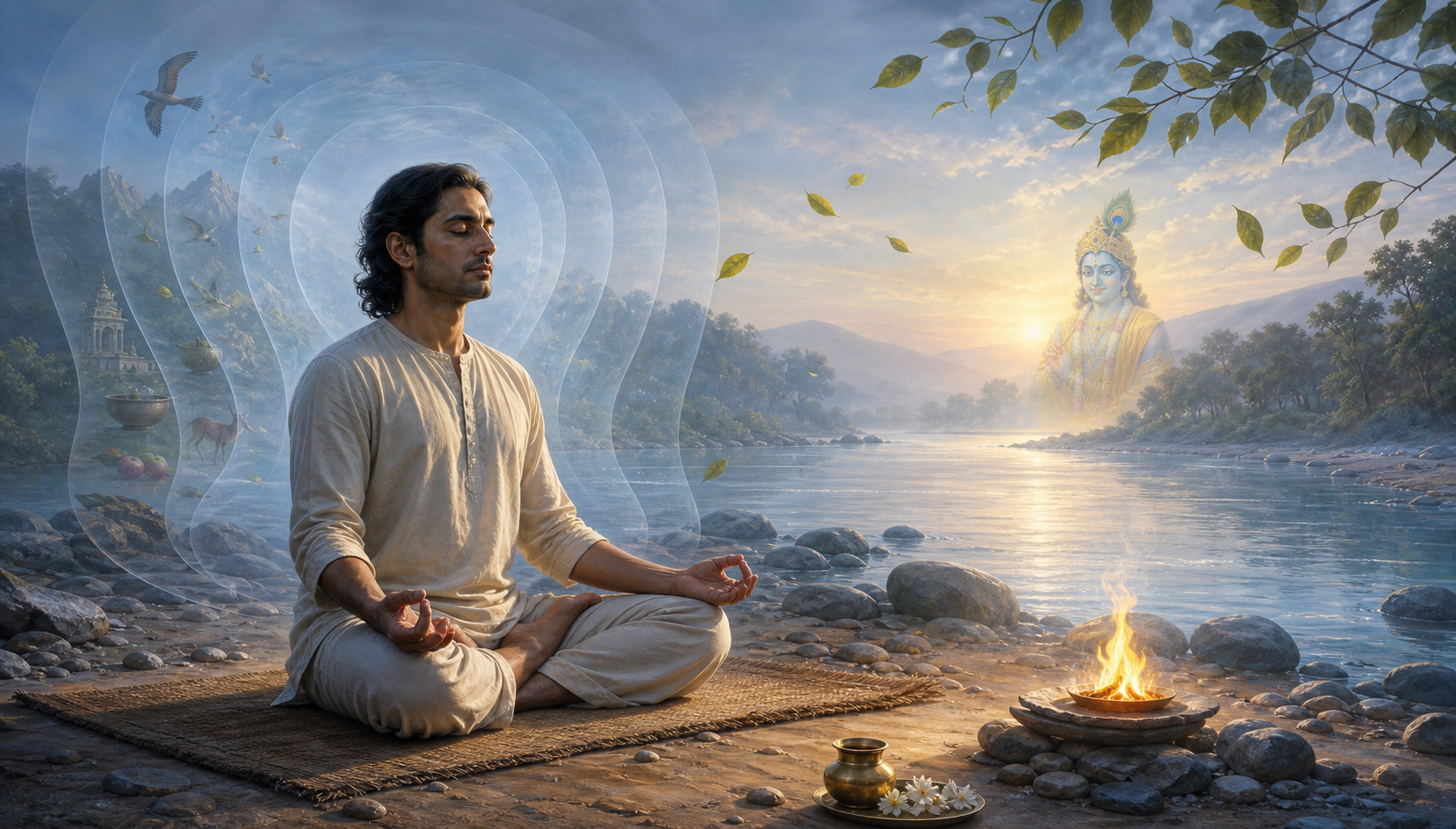 A practitioner meditates beside a river as earth, water, fire, air, and open sky form distinct layers, with Krishna visible in the distance.