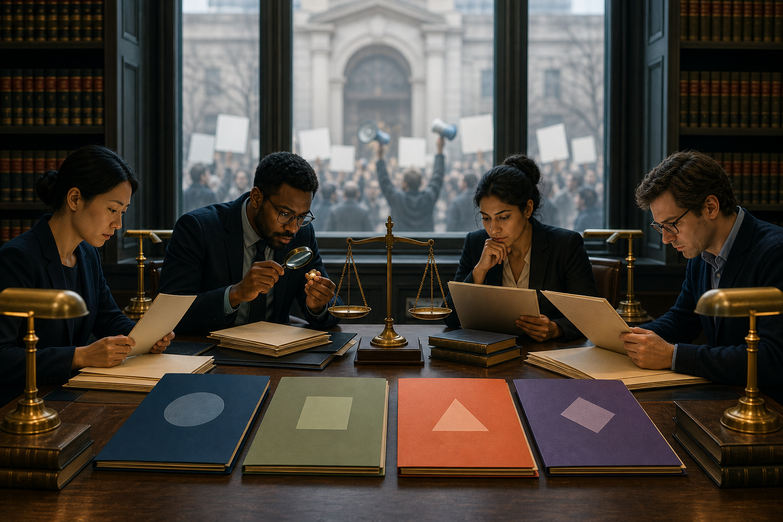 Legal researchers examine unmarked files and evidence at a library table while blurred megaphones and blank placards appear outside the windows.