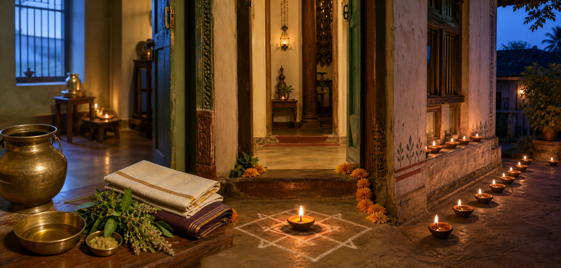 Three connected household settings show oil-bath preparations, a decorated protective threshold, and fourteen earthen lamps at doors and windows.