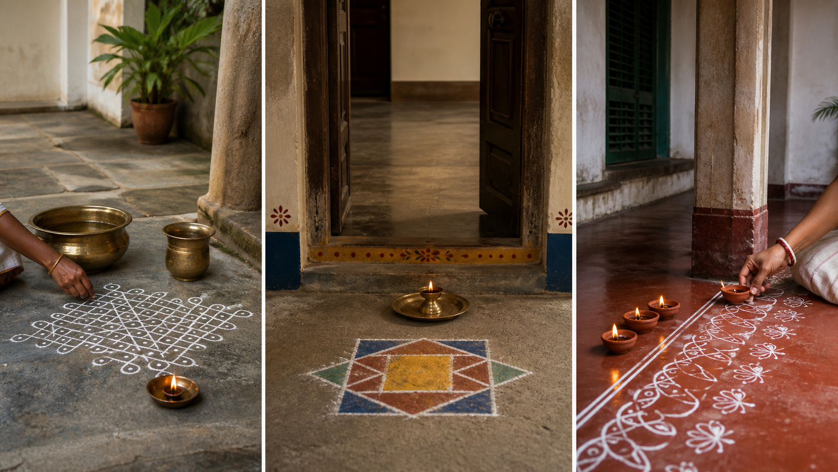 Three separate household alcoves display a rice-flour kolam and bath vessels, a geometric rangoli with a threshold lamp, and an alpana with earthen lamps.