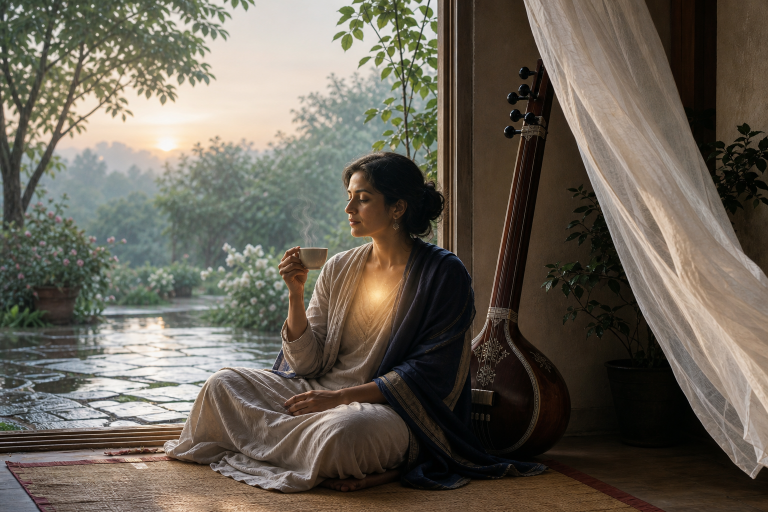 A seated person quietly holds a steaming cup beside a tanpura and an open veranda curtain moving in the morning breeze.