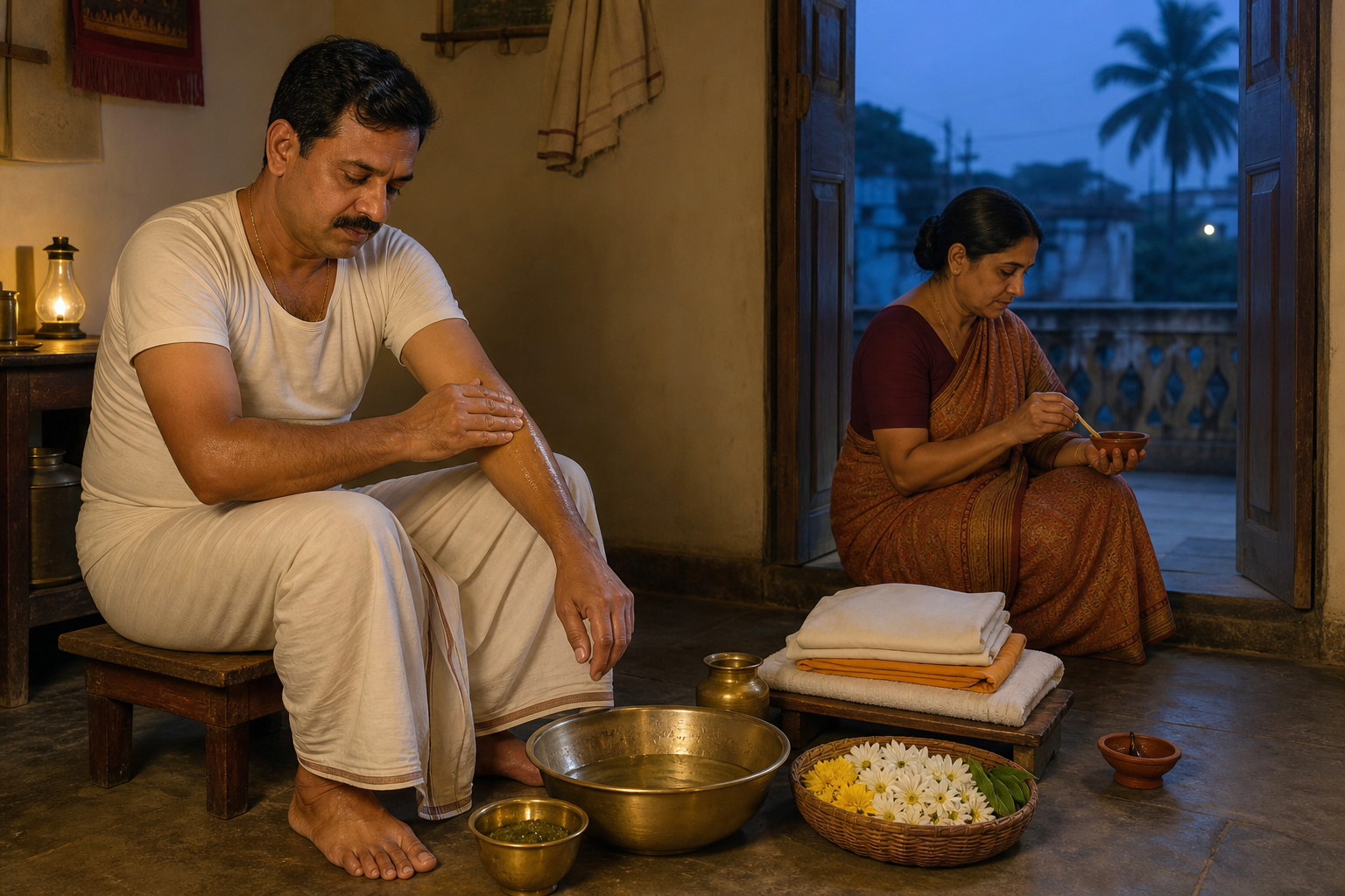 Two family members prepare for a predawn observance with oil, herbal bath paste, clean clothes, flowers, and a clay lamp.