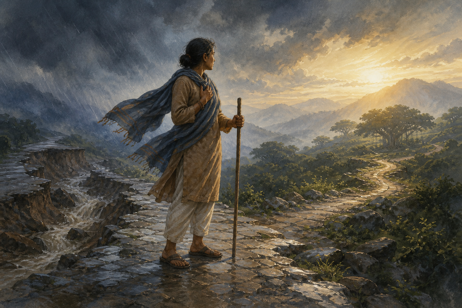 A solitary person pauses on a mountain path after a storm as dawn light reveals a safer route ahead.