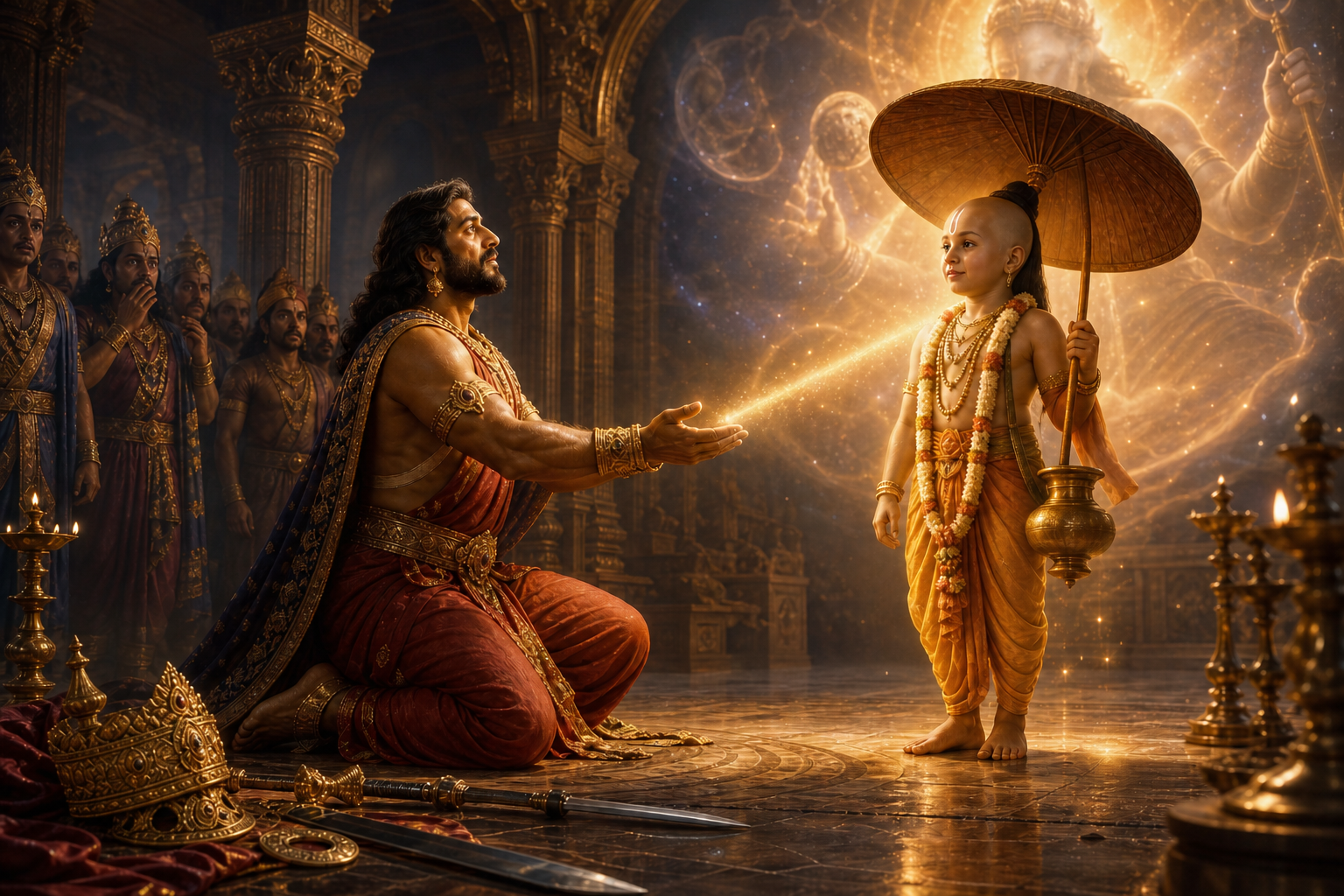 King Bali kneels with his crown and weapons set aside before the radiant Vamana, while astonished courtiers watch from a ceremonial hall.