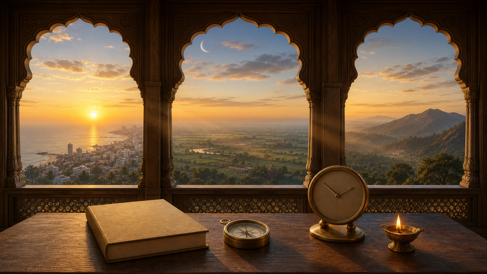 A compass, closed almanac, unnumbered clock, and brass lamp sit before landscapes receiving dawn light at different angles.