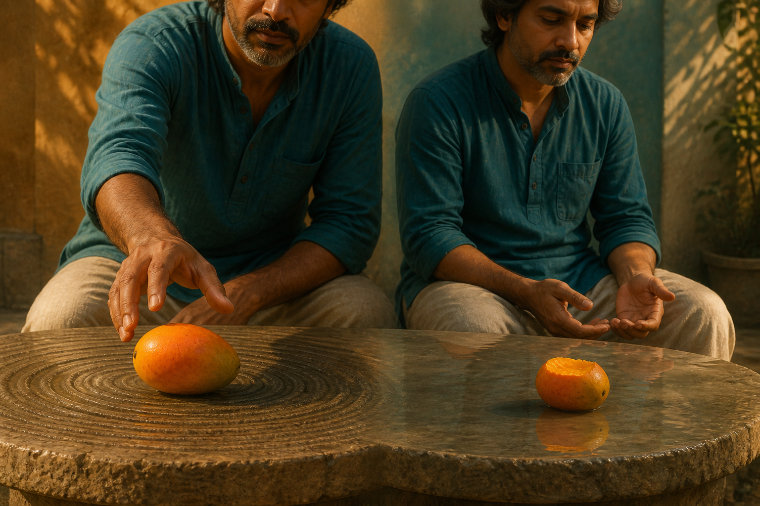 Two moments show a hand reaching for a mango and then resting open after the fruit has been tasted, with rippling water becoming still around the figure.