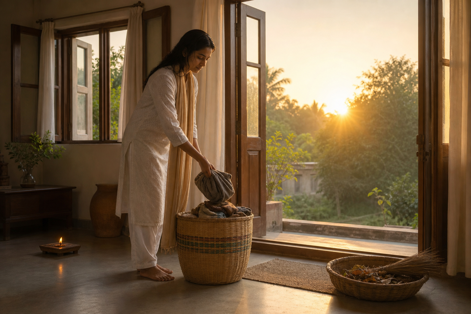 A person opens a sunlit doorway after bathing and places a household item in a donation basket beside a glowing lamp.