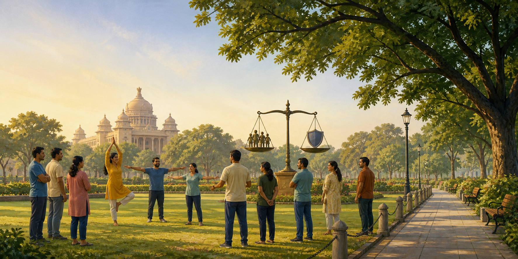Citizens gather peacefully in a Karnataka public park beneath symbolic scales balancing freedom of assembly and public safety.