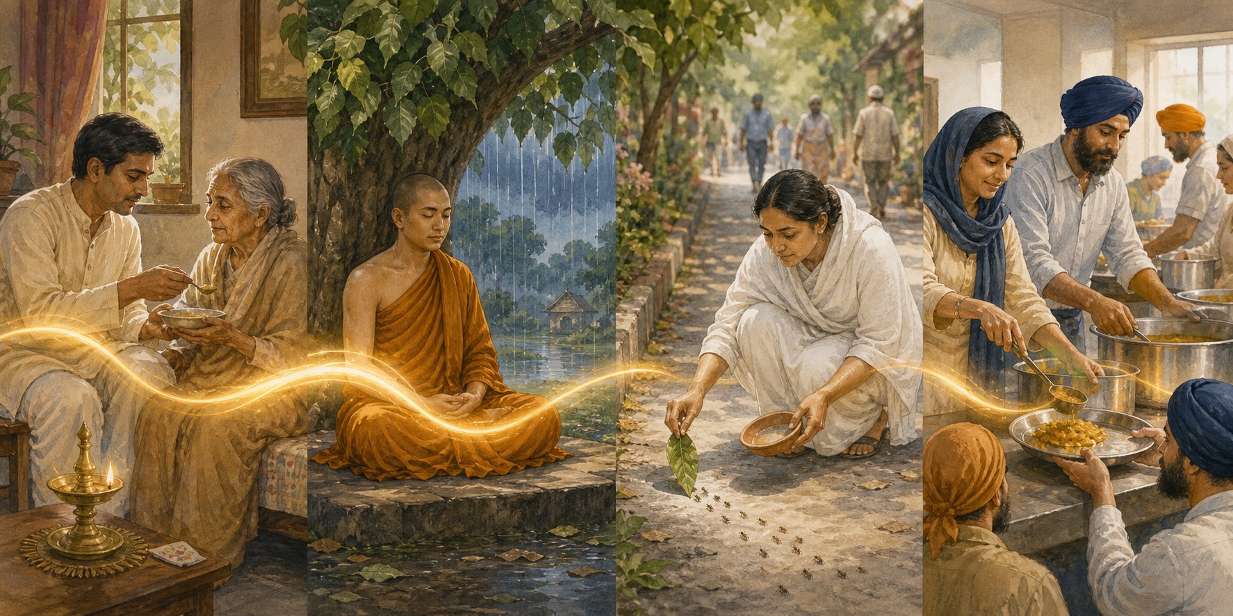 Four equal scenes show caregiving, meditation, protection of small creatures, and volunteers serving a communal meal.