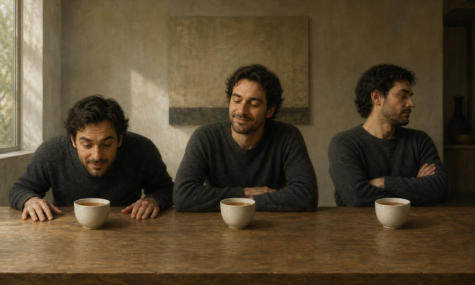 The same person responds eagerly, calmly, and indifferently to three identical cups of tea arranged on one table.
