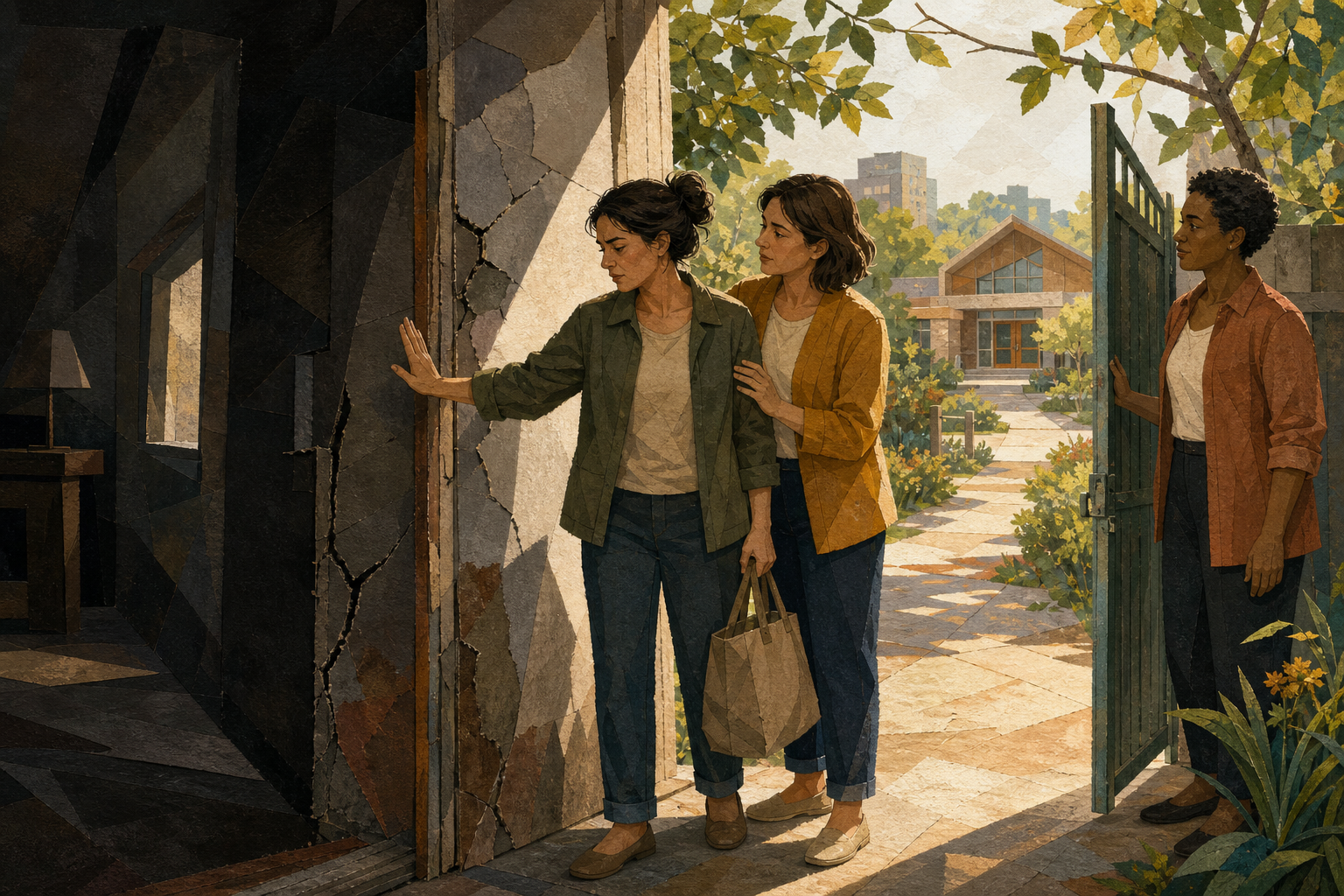 An adult leaves a damaged, shadowed doorway with support from two friends and walks toward an open sunlit gate.