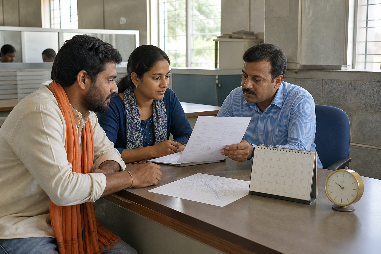 Two community organizers review a written government order with a civil servant at an administrative office counter.