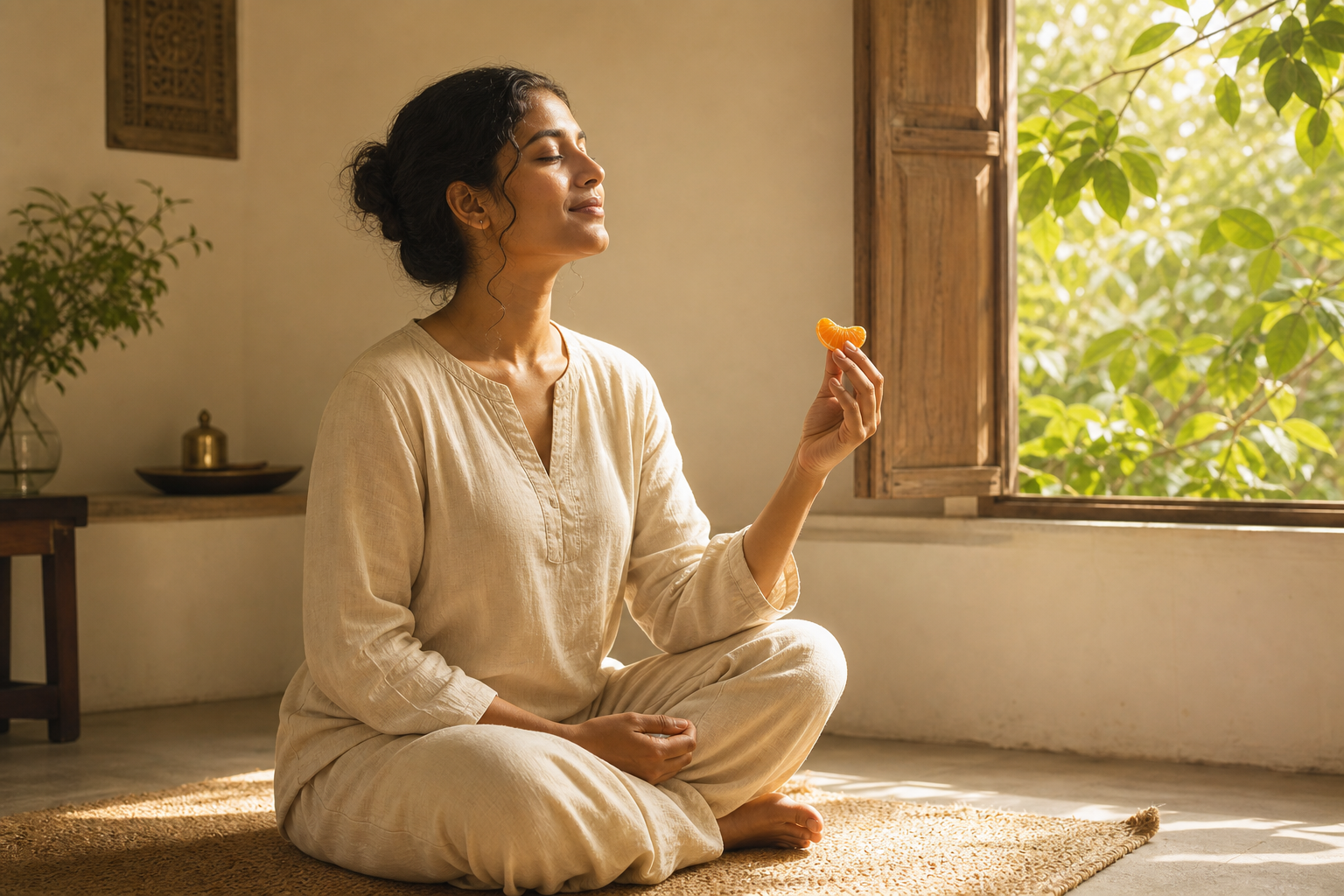 A person seated on a woven mat mindfully holds an orange segment as soft window light surrounds their relaxed face and posture.