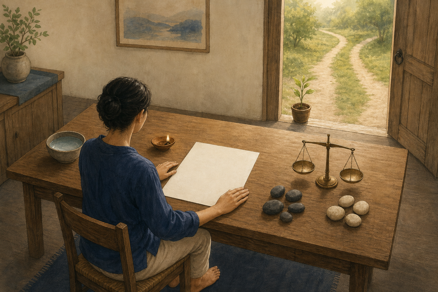 A person pauses at a wooden table with a blank page, clear water, a lamp, sorted stones, a balance scale, and a seedling near an open doorway.