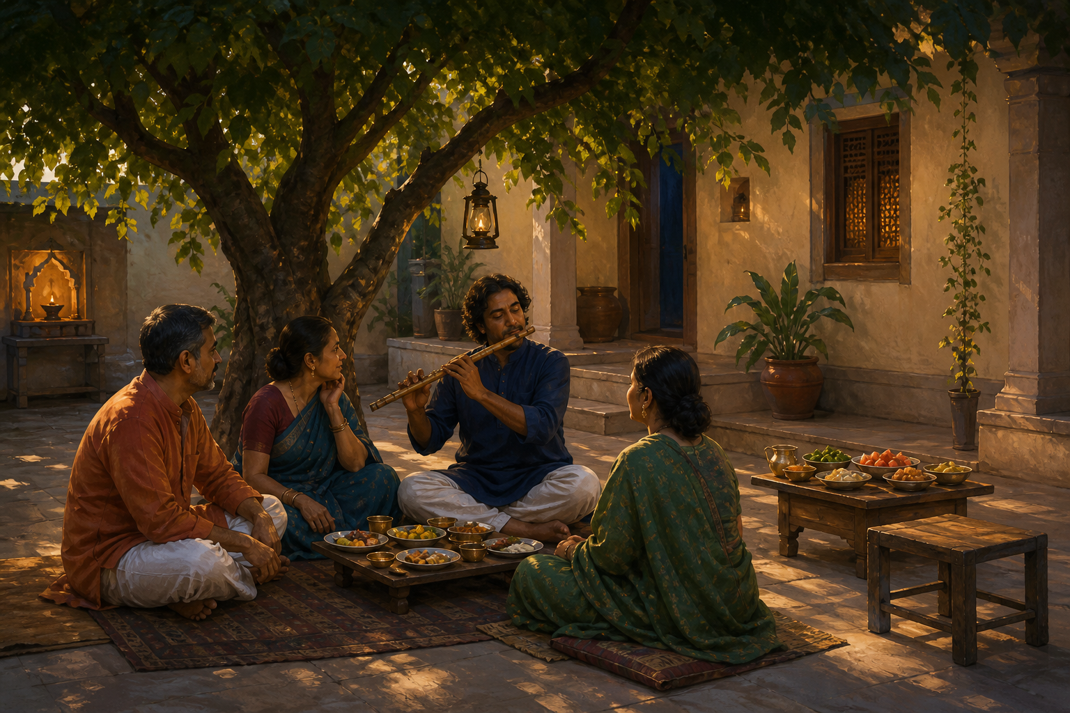 Adults calmly share a modest courtyard meal while one person plays a bamboo flute beneath a leafy tree.