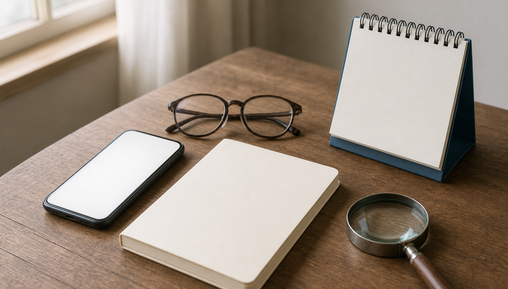 A blank smartphone, notebook, reading glasses, magnifying glass, and unmarked calendar rest on a wooden table.