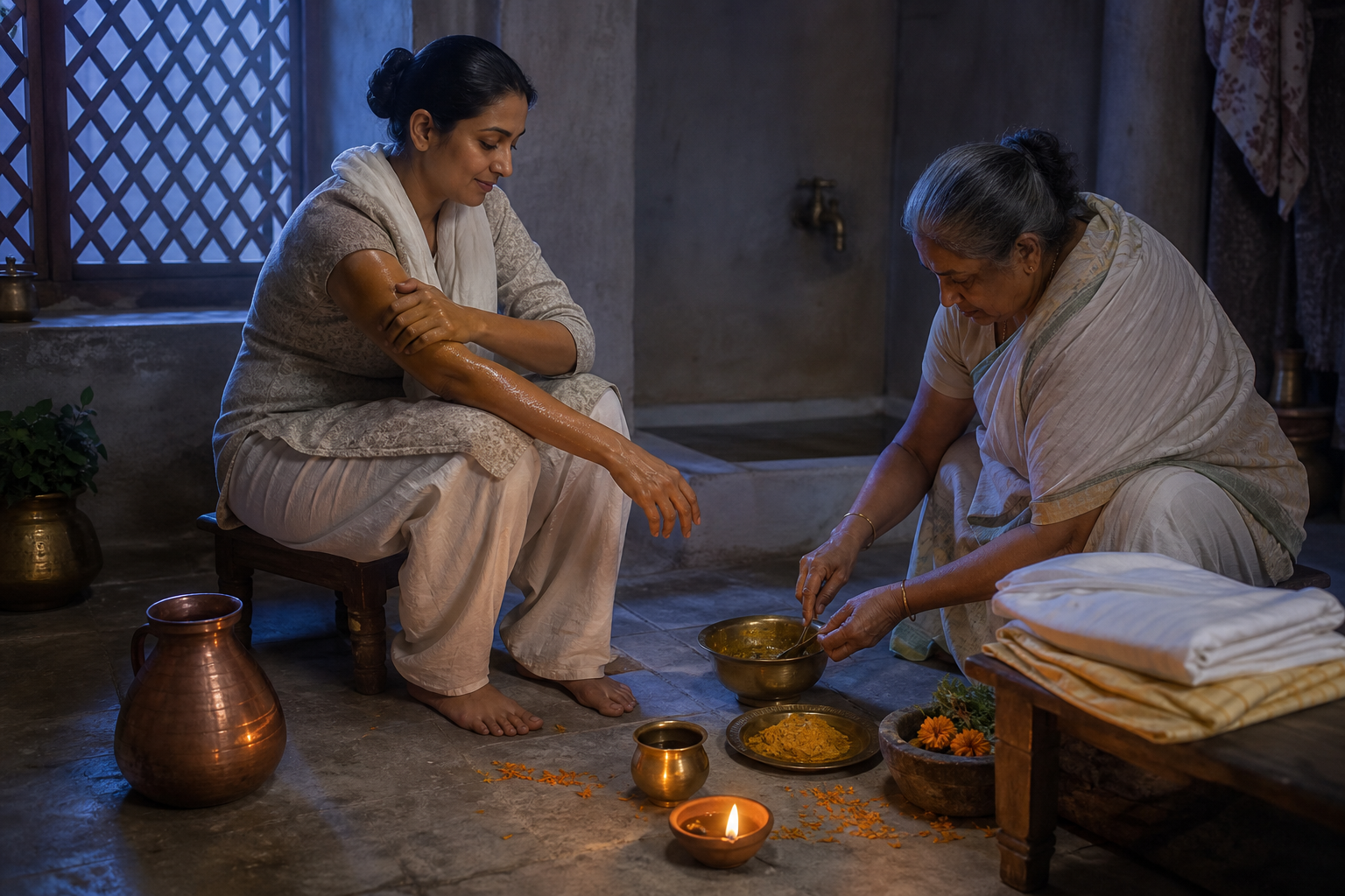 An adult applies oil before a ritual bath while an older relative prepares herbs, water, clean clothes, and a clay lamp before dawn.