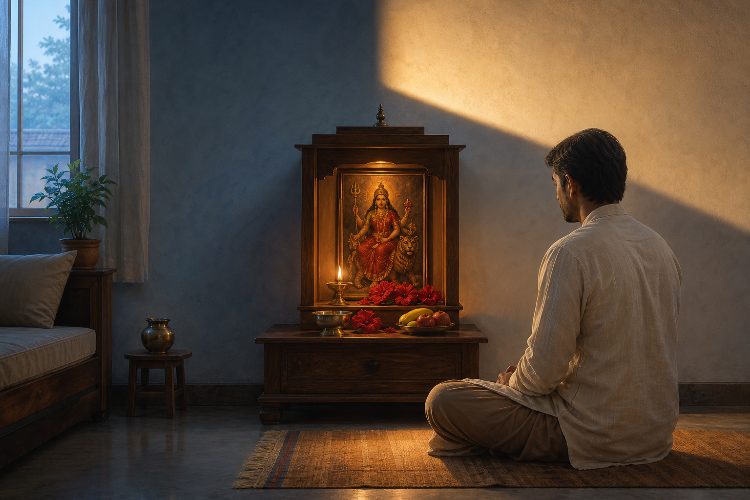 A devotee sits before a simple home shrine to Devi at dawn, with an oil lamp, water, fruit, and red flowers arranged as offerings.