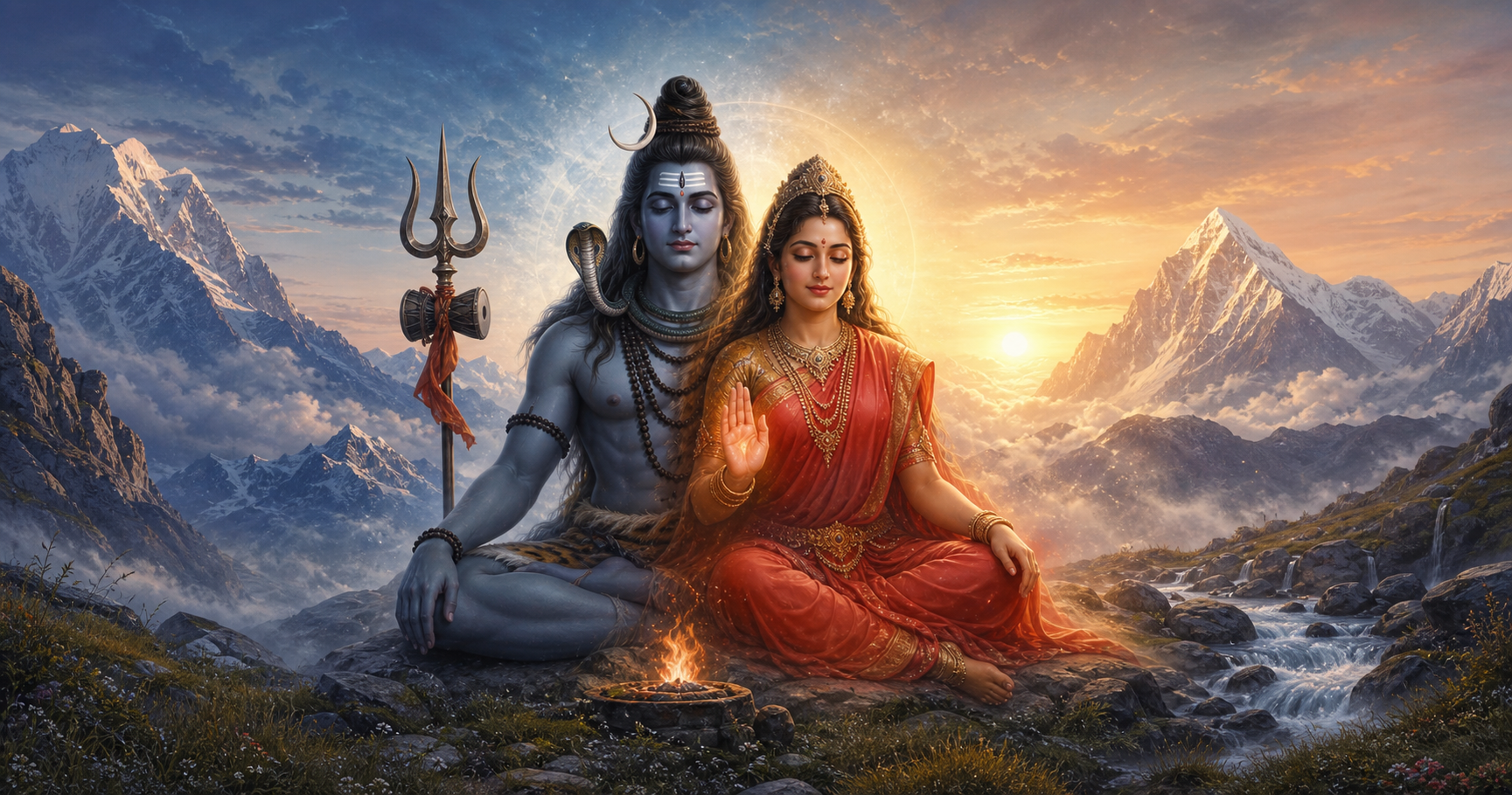 Shiva and Shakti sit together in a Himalayan landscape, surrounded by a stream, moving clouds, grass, and a small flame.