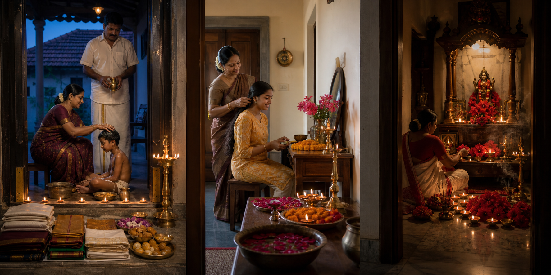 Three separate household scenes show a South Indian pre-dawn Deepavali observance, a Roop Chaudas preparation, and a Bengali Kali worship setting.