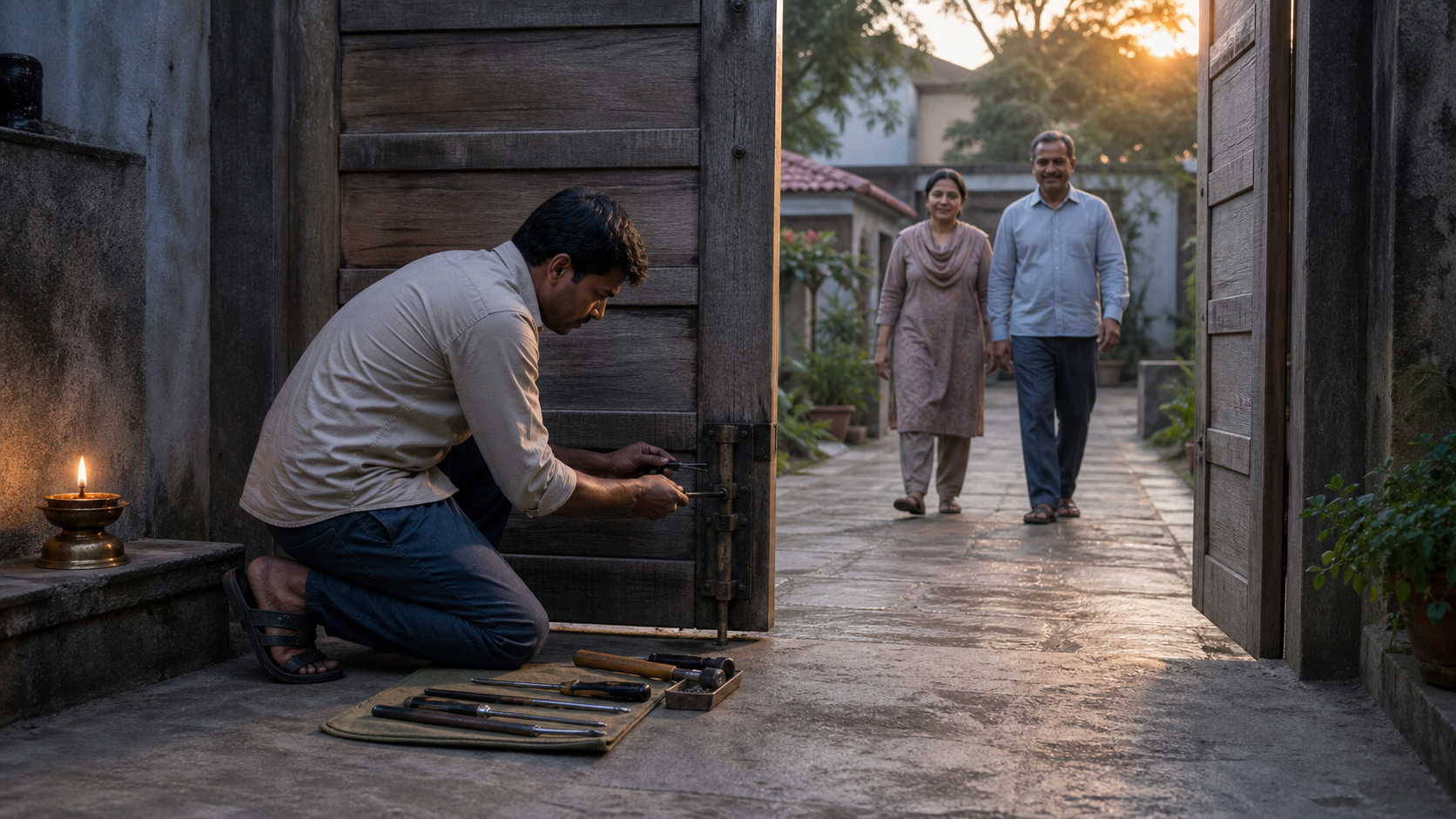 A person repairs the hinge of a communal wooden gate at dawn beside a swept path and a glowing oil lamp as two neighbors approach.