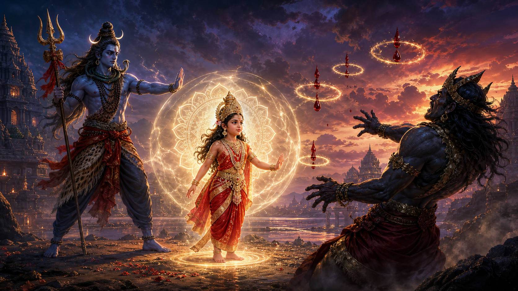 Shiva and a radiant youthful Goddess Bala confront the shadowed Andhakasura as divine light contains crimson droplets above the battlefield.