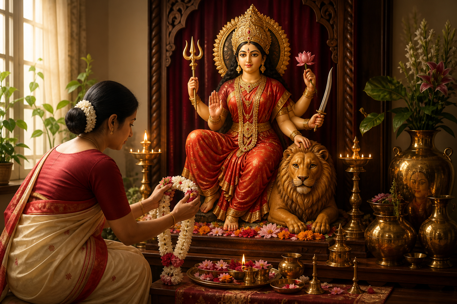 A devotee offers a flower garland at a home shrine centered on Durga, with a lion figure, brass vessels, and flower petals nearby.