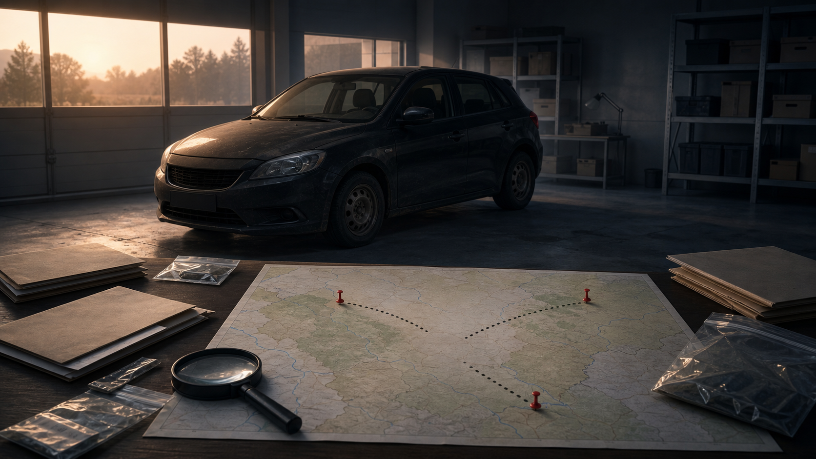 An unbranded car in an evidence bay beside case folders, sealed evidence bags, and an unlabeled map with three unconnected location pins.