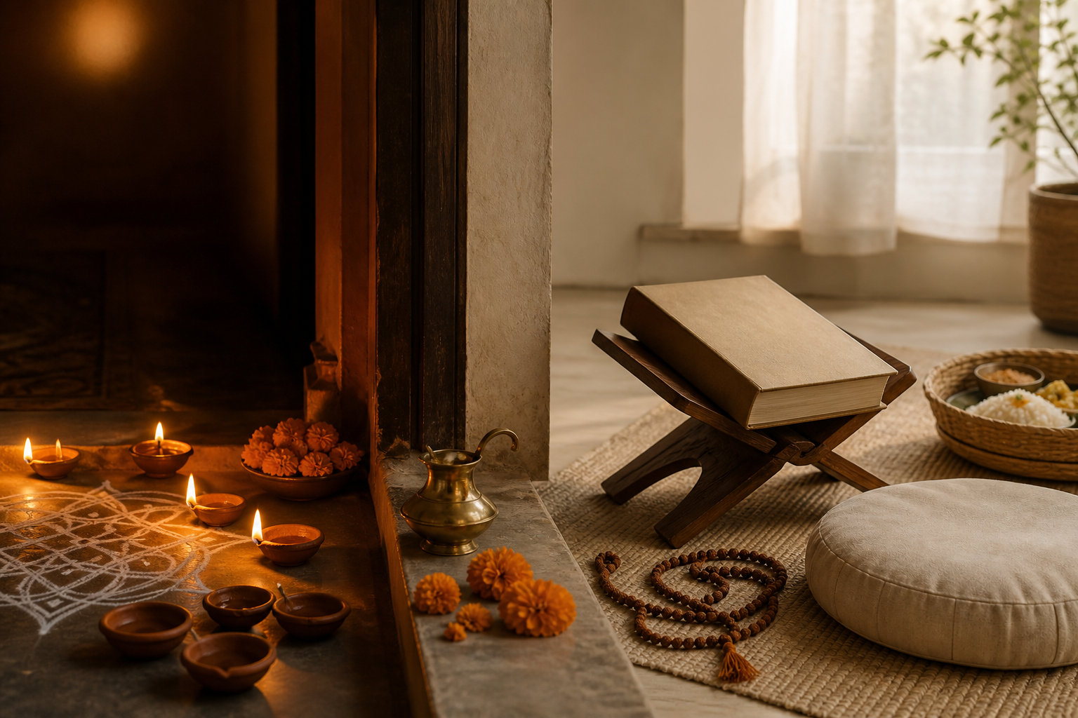 Clay oil lamps, marigolds, a rangoli, prayer beads, a scripture stand, a meditation cushion, and a food basket arranged in warm and quiet devotional settings.